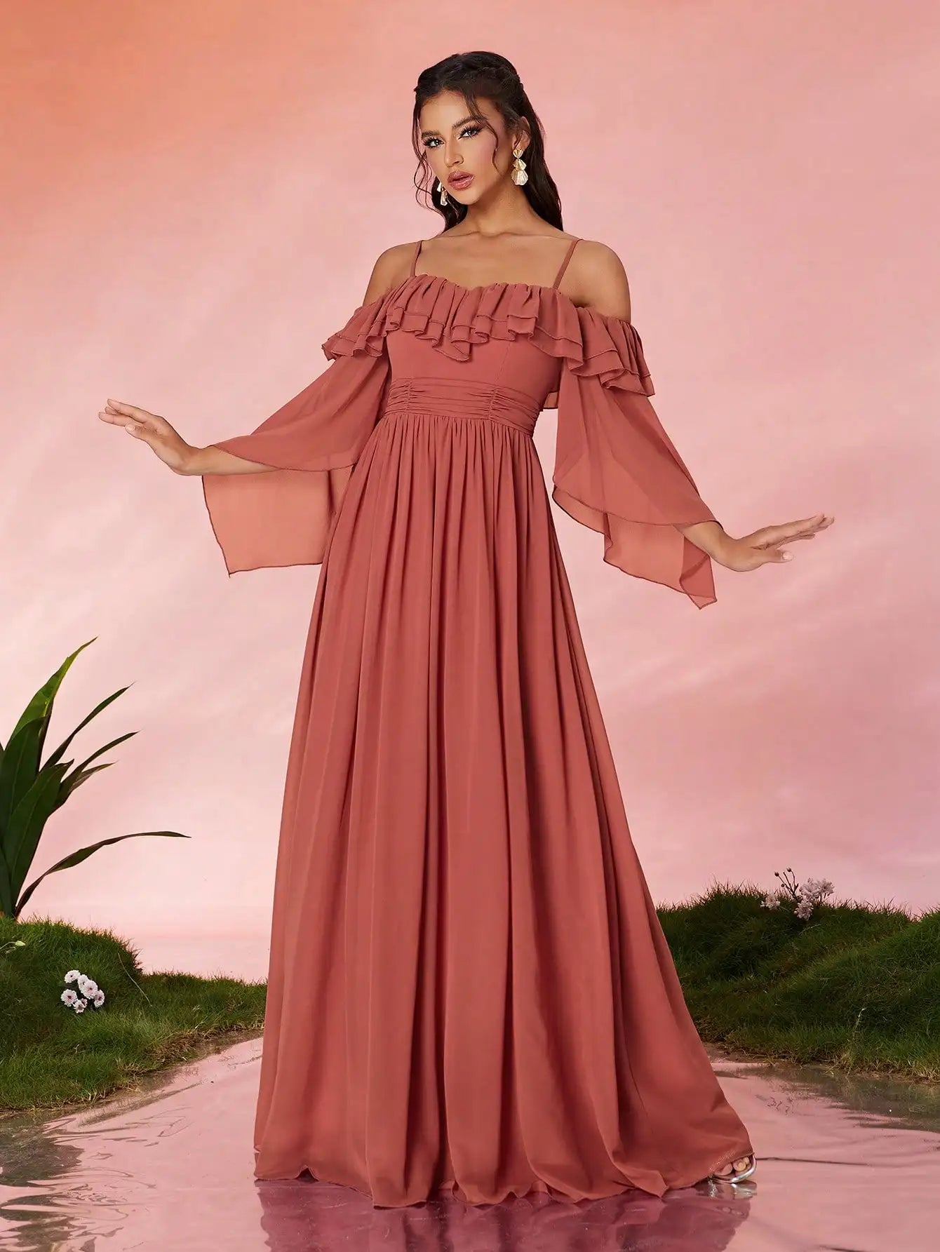 One Shoulder Ruffle Chiffon Evening Gown
