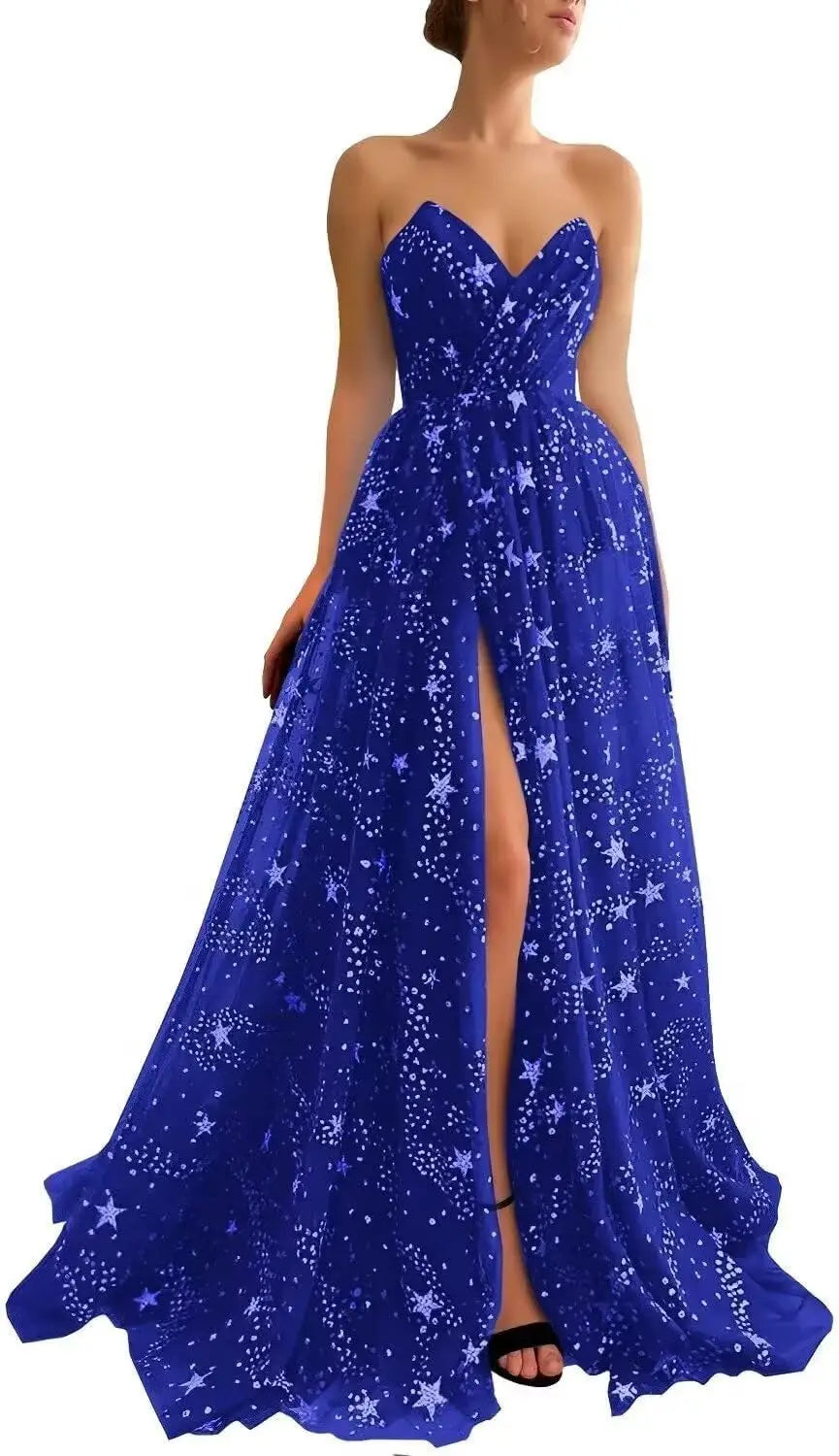 V Neck Women's Sparkle Starry Tulle Prom Dresses Strapless Slit Formal Evening Party Gowns Formal Dress Women Elegant