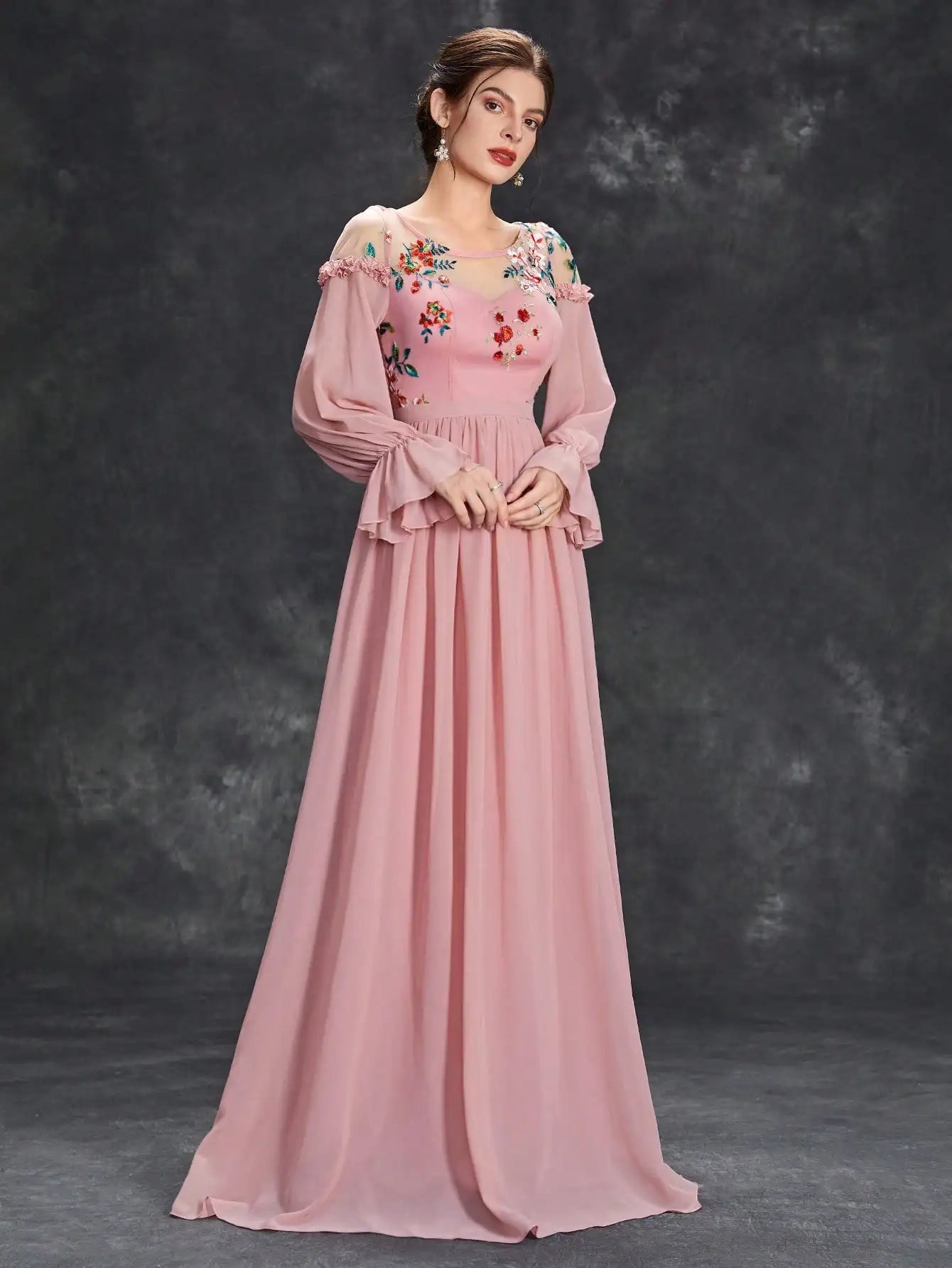 Embroidered Long Sleeve Chiffon Dress