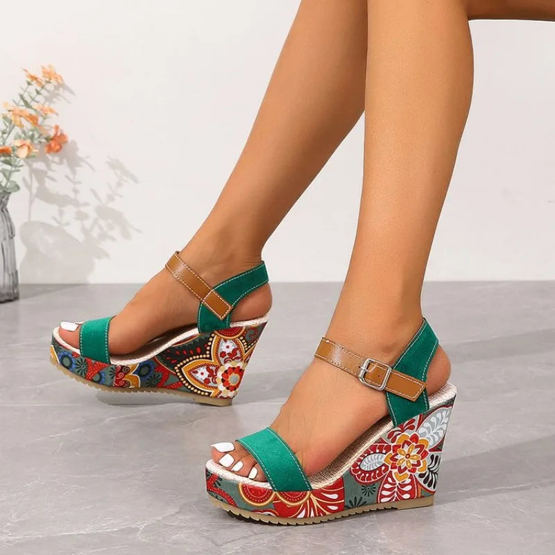 10CM Heeled Sandals Embroider Buckle Strap Open-toe Platform Sandals