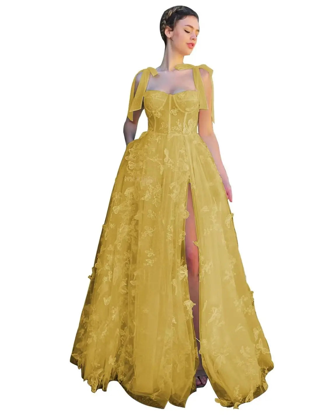 3D Butterfly Tulle Corset Prom Dresses for Teens Formal Fairy Ball Gowns Spaghetti Straps Evening Gown with Slit Party Dresses