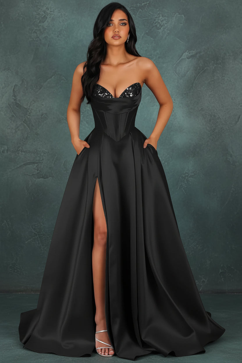 Strapless Sequin Prom Dresses Long with Slit Satin Formal Party Dress