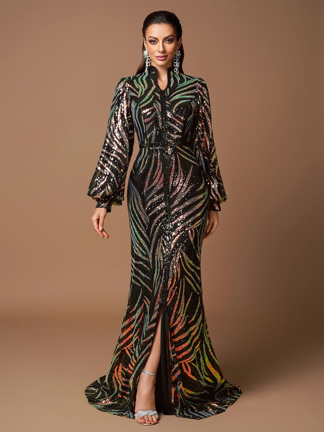 Beaded Long Sleeve Formal Evening Gown