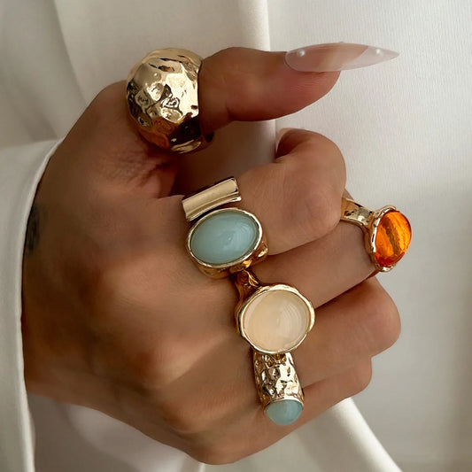 Salircon 5Pcs/Set Vintage Luxury Irregular Metal Open Ring for Women Men Boho Colorful Acrylic Rings Elegant Female Jewelry Gift