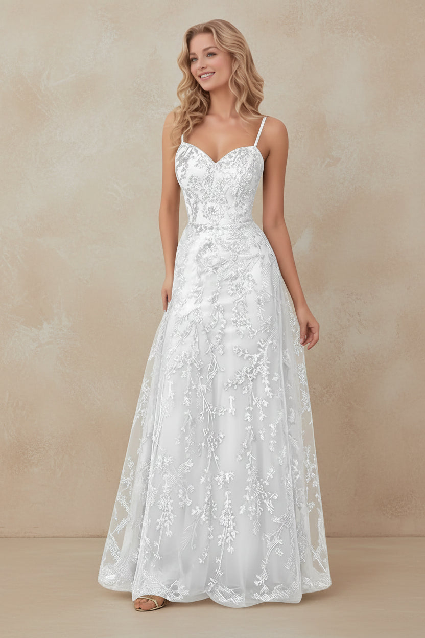 Tulle Formal Dress Laces Spaghetti Strap Sparkly Prom Dress