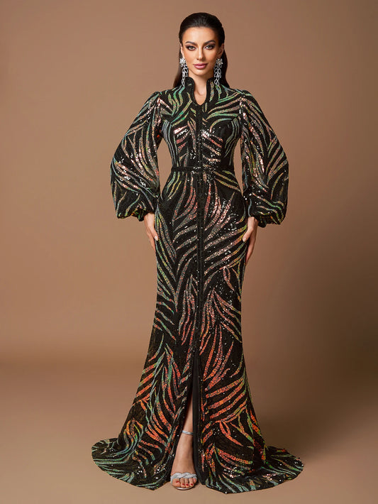 Beaded Long Sleeve Formal Evening Gown