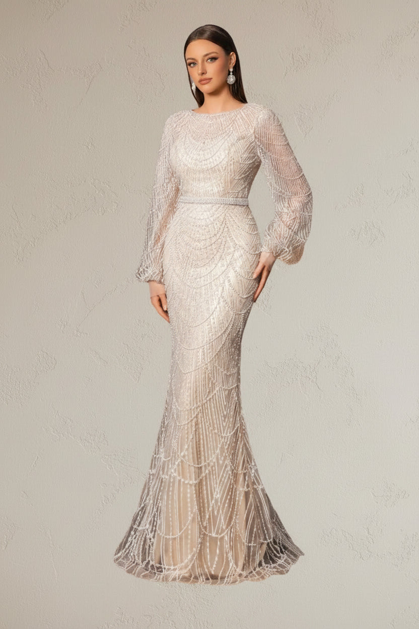 Elegant and luxurious sequined mermaid long-sleeved evening dresses, adorned with sparkling crystal beads.