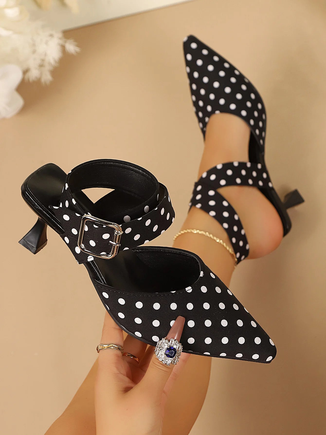 Ladies Cross-Band High Heels Sandals Thin Heel Summer New Polka Dot Slip-On Buckle Strap Elegant Footwear for Women