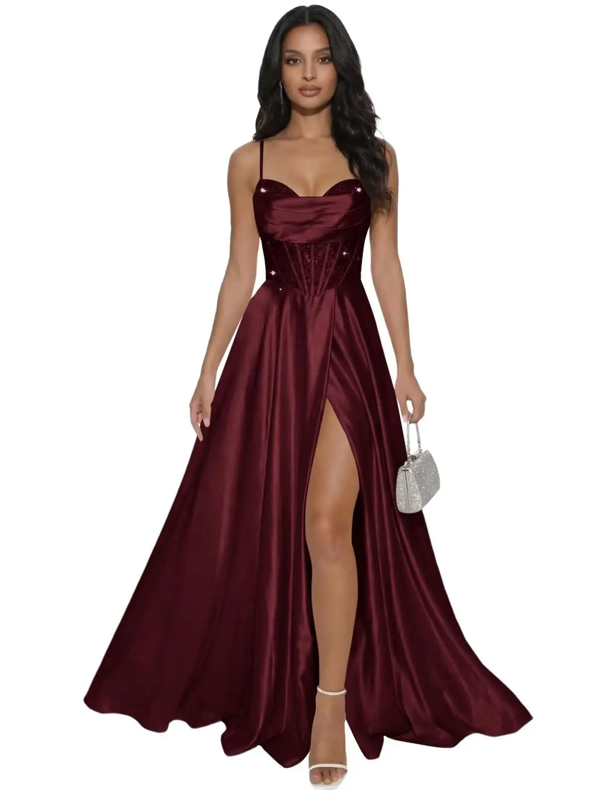 Pleated Satin A Line Prom Dresses for Women Spaghetti Straps Sequin Corset Formal Dress with Slit Formal Dress Women Elegant