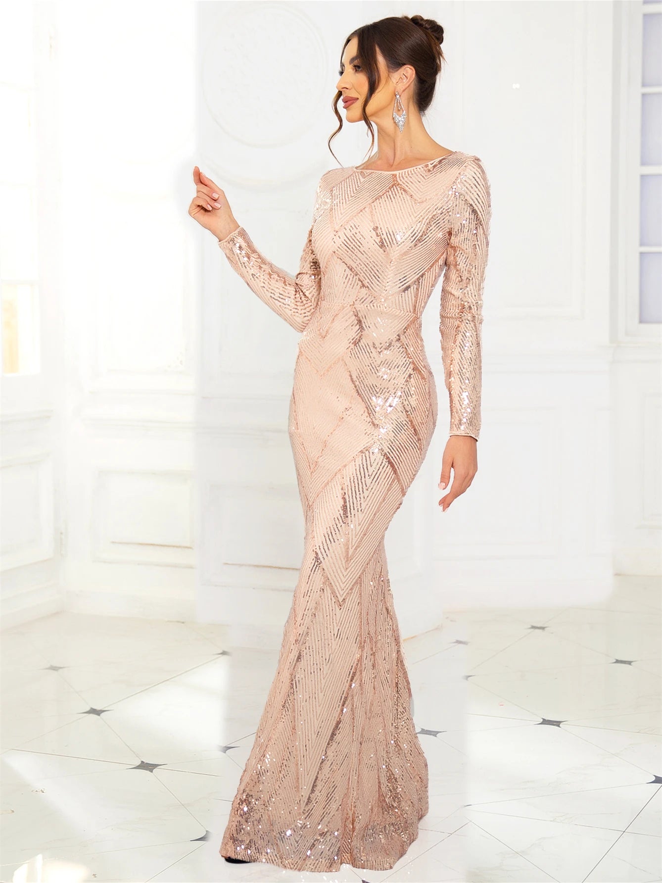 Romagic O Neck Sequin Formal Evening Party Dress