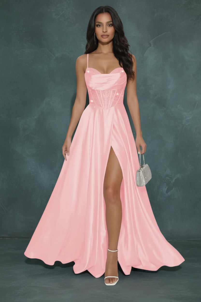Pleated Satin A Line Prom Dresses for Women Spaghetti Straps Sequin Corset Formal Dress with Slit Formal Dress Women Elegant