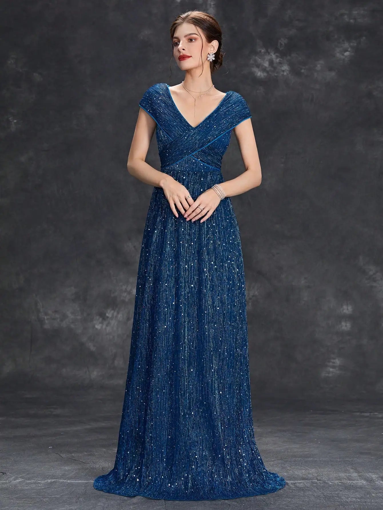 V-Neck Mesh Sleeve Ball Gown
