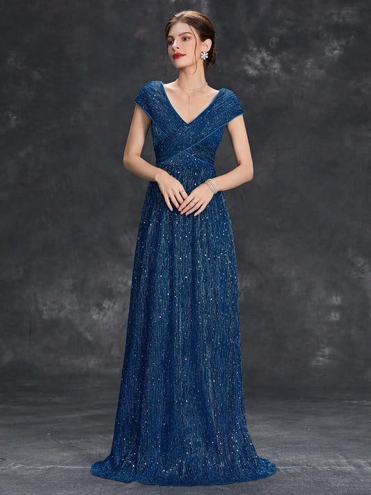 V-Neck Mesh Sleeve Ball Gown