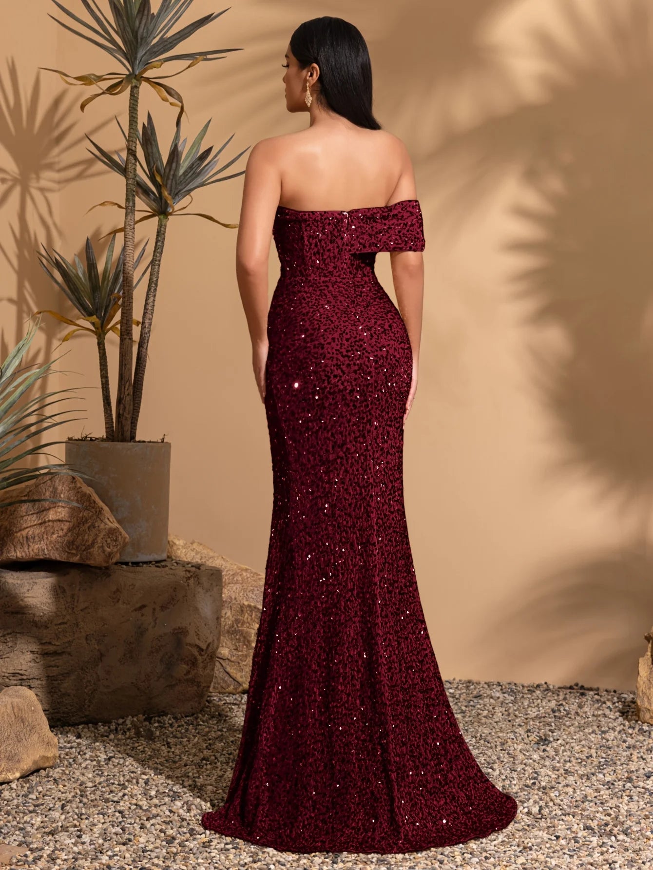 Off-the-shoulder asymmetrical sleeves slit sequined dress