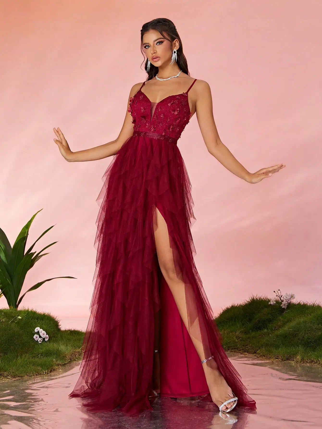 V-Neck Embroidered High Slit Maxi Dress