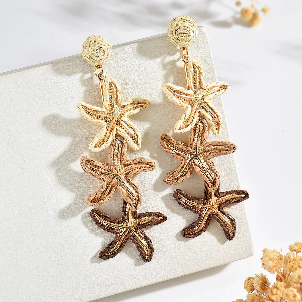 Women Handmade Rainbow Straw Triple Starfish Earrings Color Block Raffia Ball Stud Long Sea Star Dangling Earrings Bohemian Seas