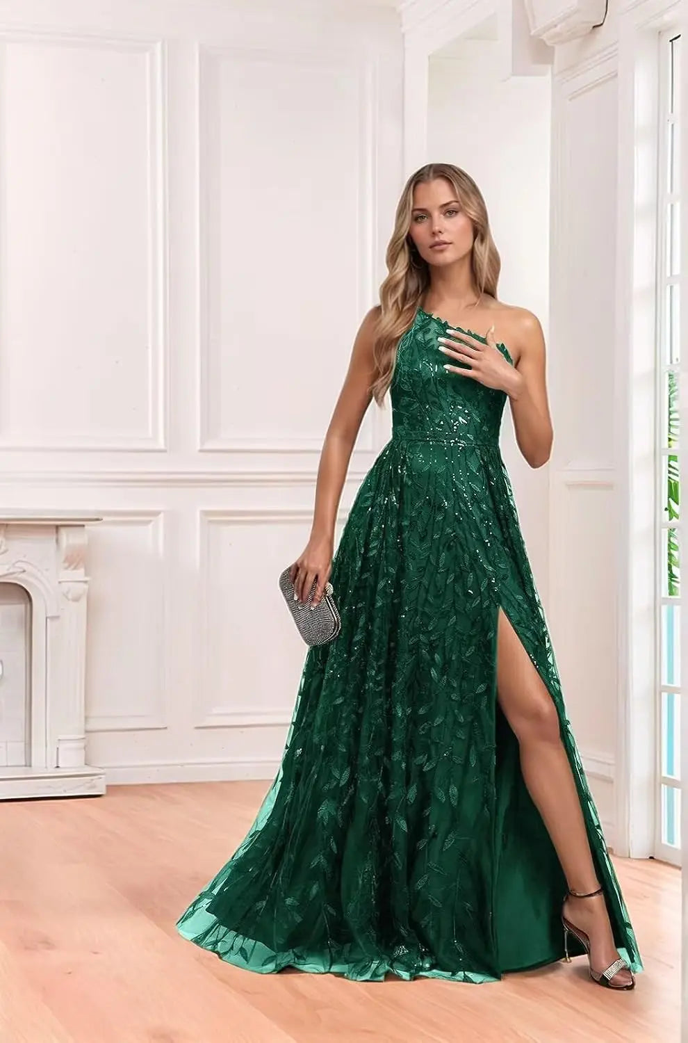 One Shoulder Lace Prom Dress with Slit