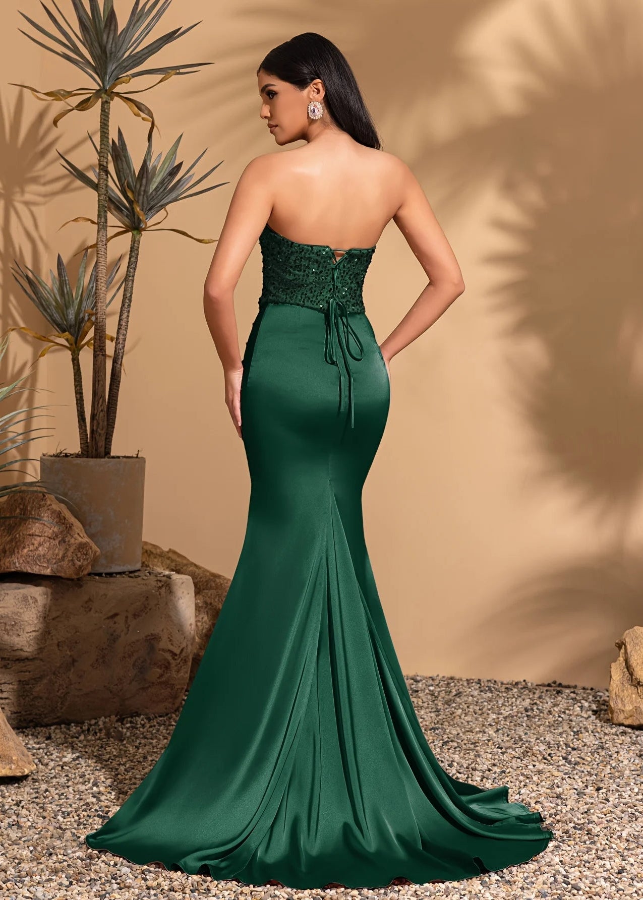 Satin pleated floor-length sequined patchwork strapless dress with back ties