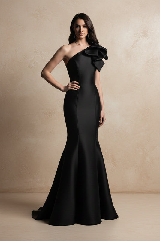 One Shoulder Prom Dresses Satin Mermaid Long Gowns With Bow
