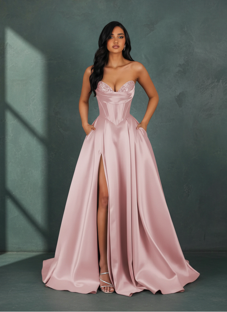 Strapless Sequin Prom Dresses Long with Slit Satin Formal Party Dress