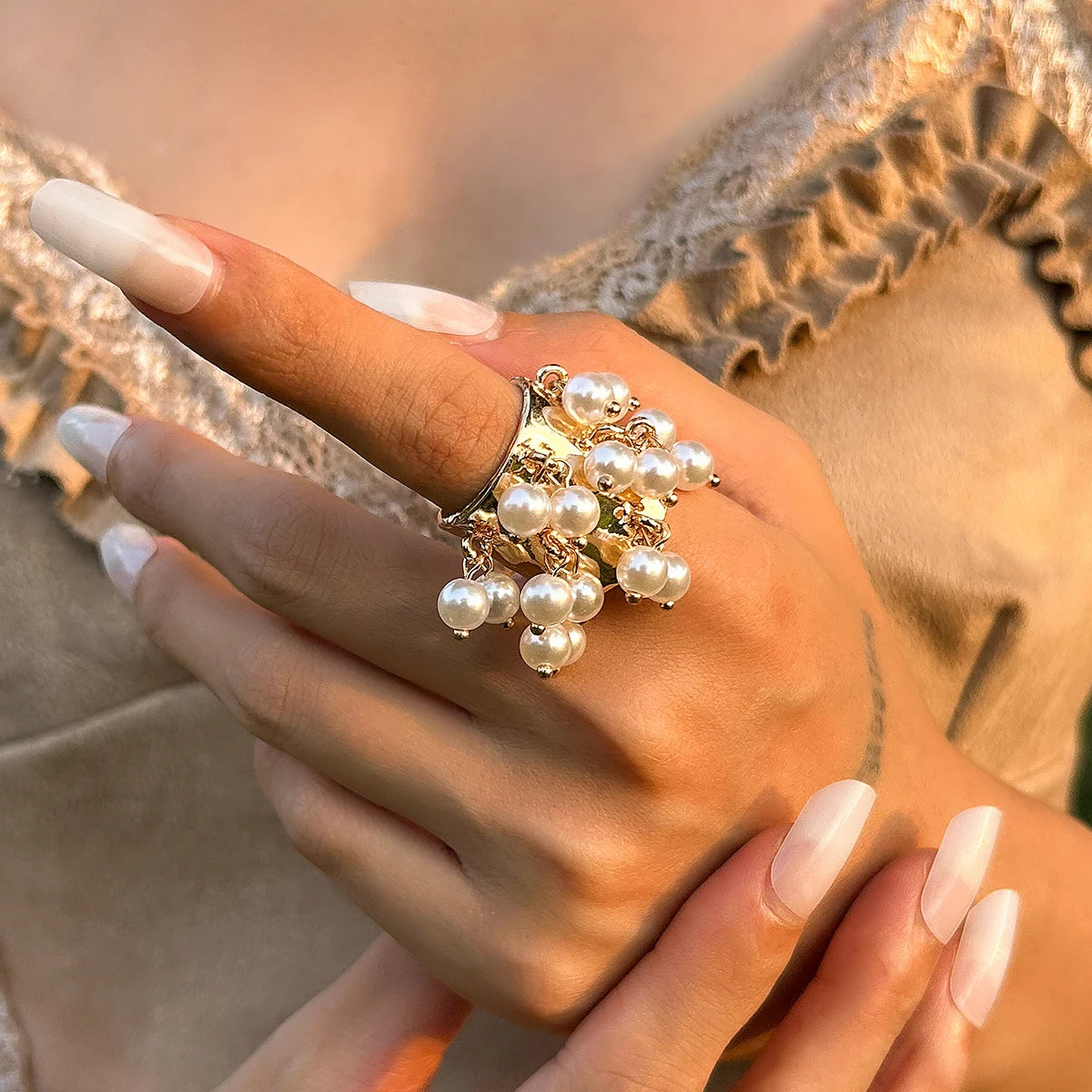 Salircon Trendy Imitation Pearl Stone CCB Small Ball Ring Women's Man 2024 Vintage Street Punk Hip Hop Ring Female Jewelry
