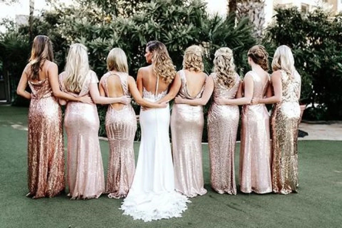Women Bridesmaid Dresses Formal Wedding Party Guest Gown Mermaid  Sequins Short Sleeves O Neck Backless Rose Gold Champagne