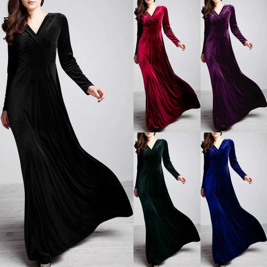 Elegant Velvet Solid Color Vintage Sexy Long Sleeve Deep V-neck High Waist Prom Dresses Goth Party Club Dress