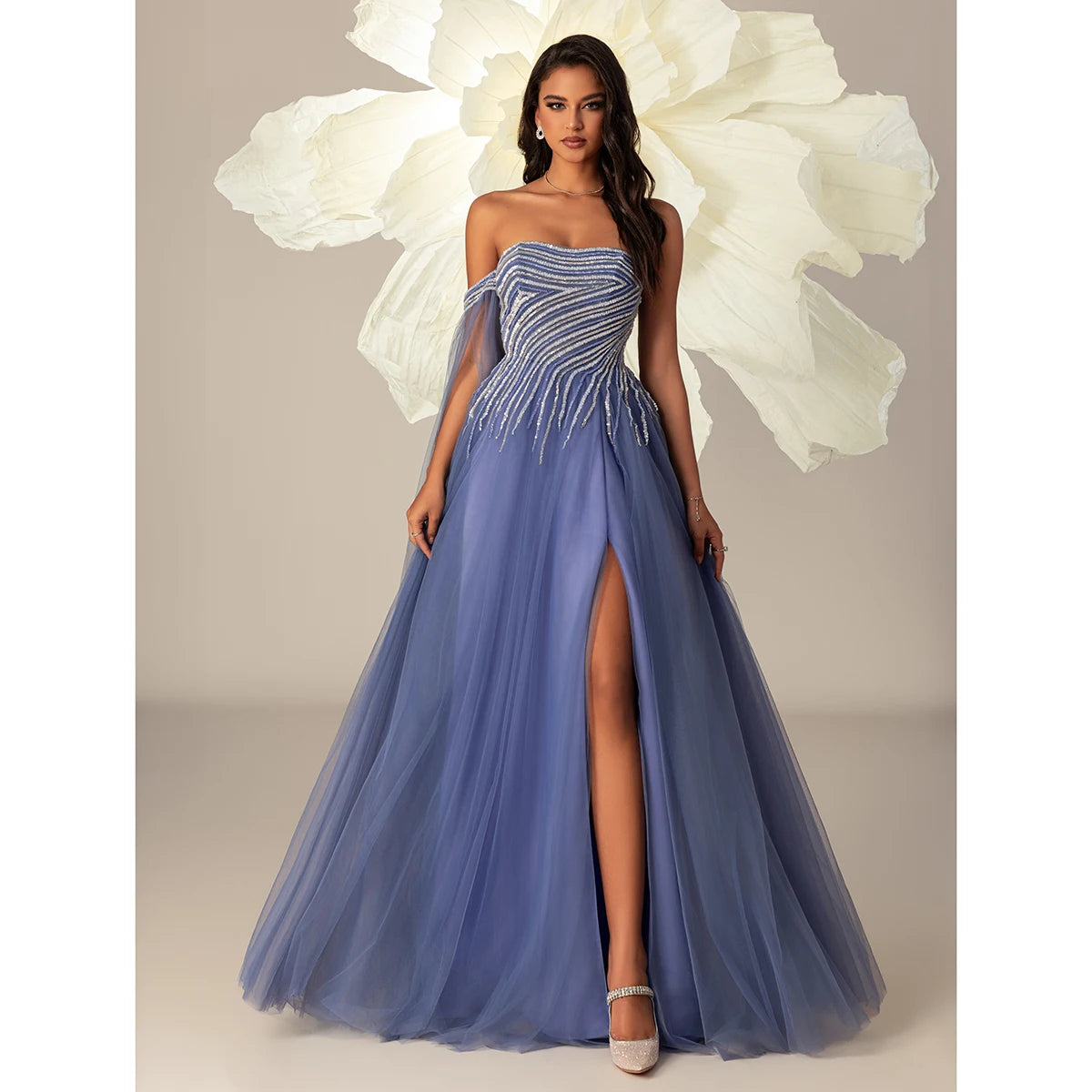 Off Shoulder Beaded Tulle Evening Gown