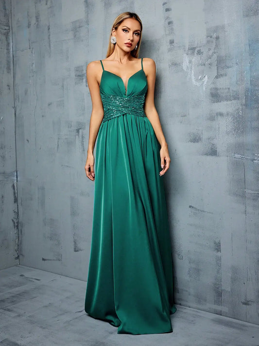Deep V Sequin Slit Evening Gown