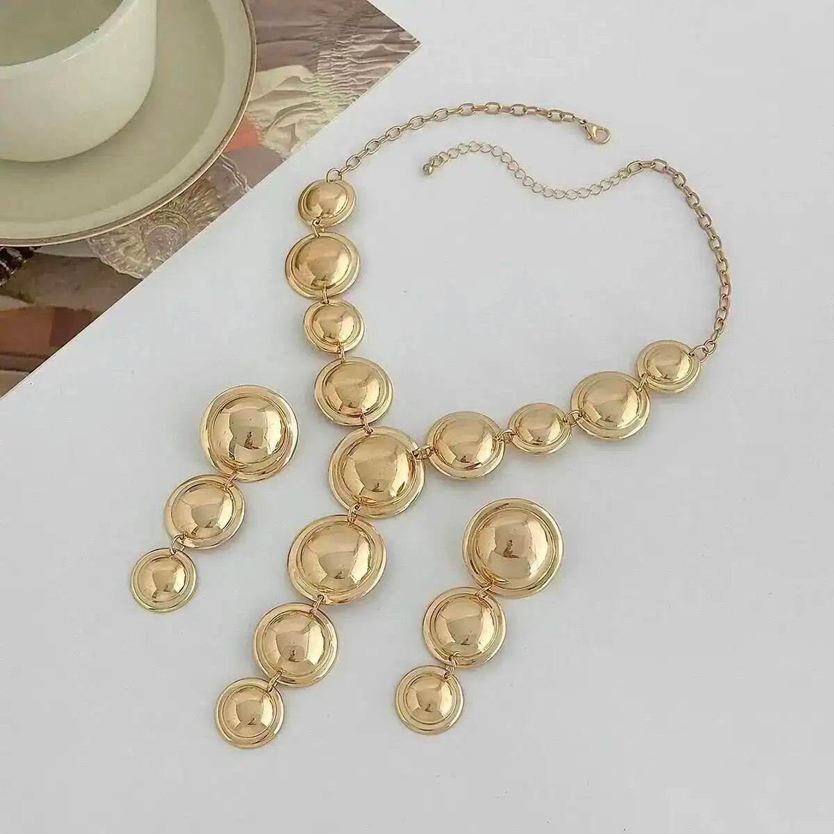 KunJoe Luxury Glossy Round Pendant Necklace Drop Earrings Jewelry Set for Women Elegant Sexy Y-Shaped Long Chain Necklace Gifts