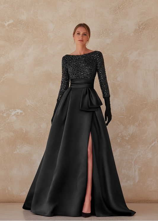 Long Sleeves Mother Of The Bride Dresses For Wedding Sparkly Sequin Ball Gowns Side Slit Satin Formal Party Prom Gown