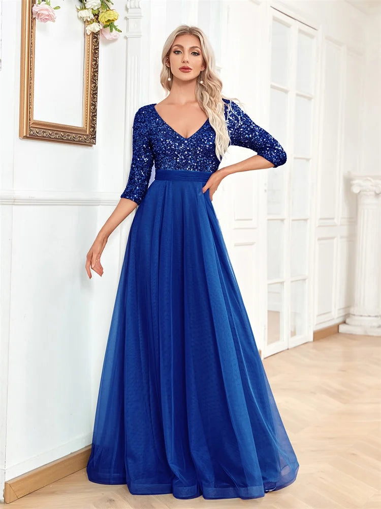 V-Neck Tulle Floor Length Evening Dress