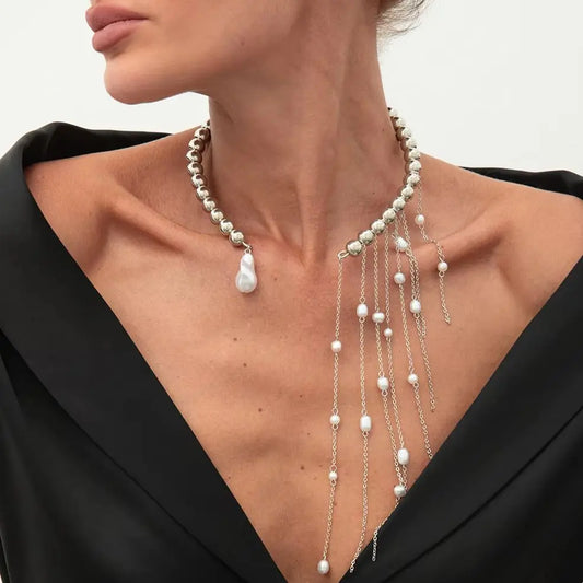 Salircon Exquisite Imitation Pearl Tassels Open Choker Necklace Women Fashion Long Tassel CCB Beads Clavicle Chain Jewelry 2025