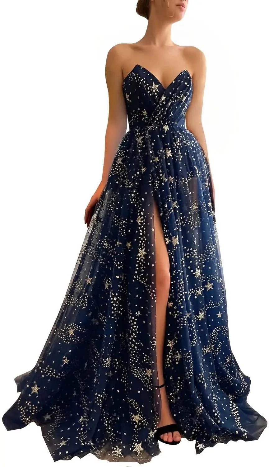 V Neck Women's Sparkle Starry Tulle Prom Dresses Strapless Slit Formal Evening Party Gowns Formal Dress Women Elegant