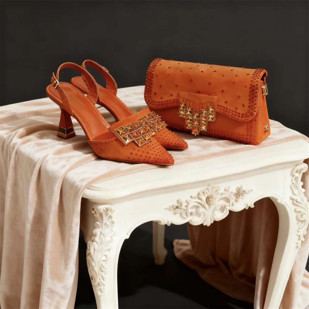 Chic Orange Rhinestone High Heels with Matching Handbag - Elegant Pointed-Toe Women's Shoes Perfect for Parties