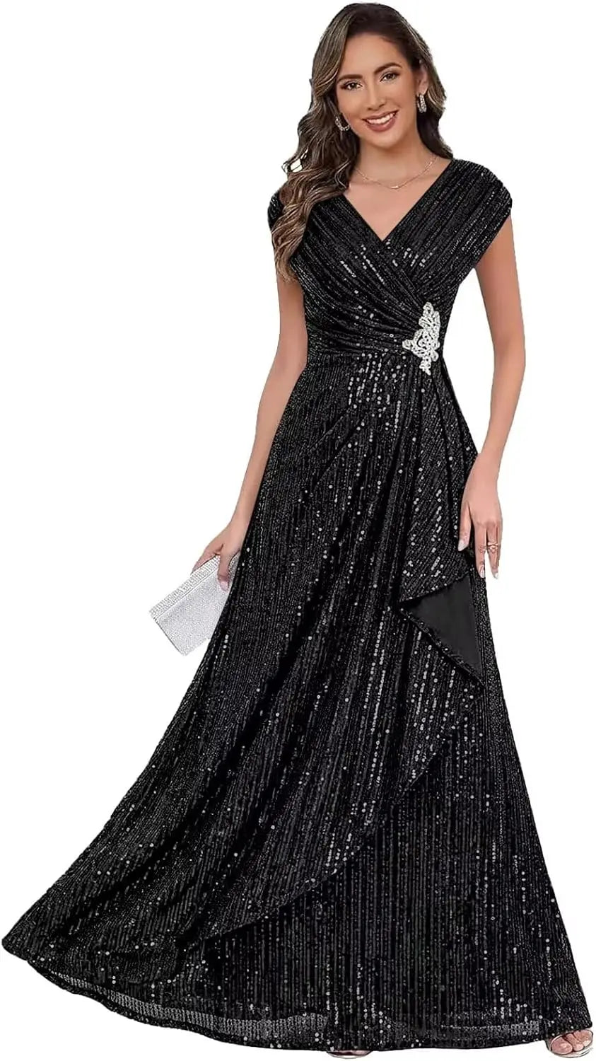 Sparkly Sequin A Line Mother of The Bride Dresses for Women Ruffles Long Formal Dress V Neck Evening Party Gown Dress