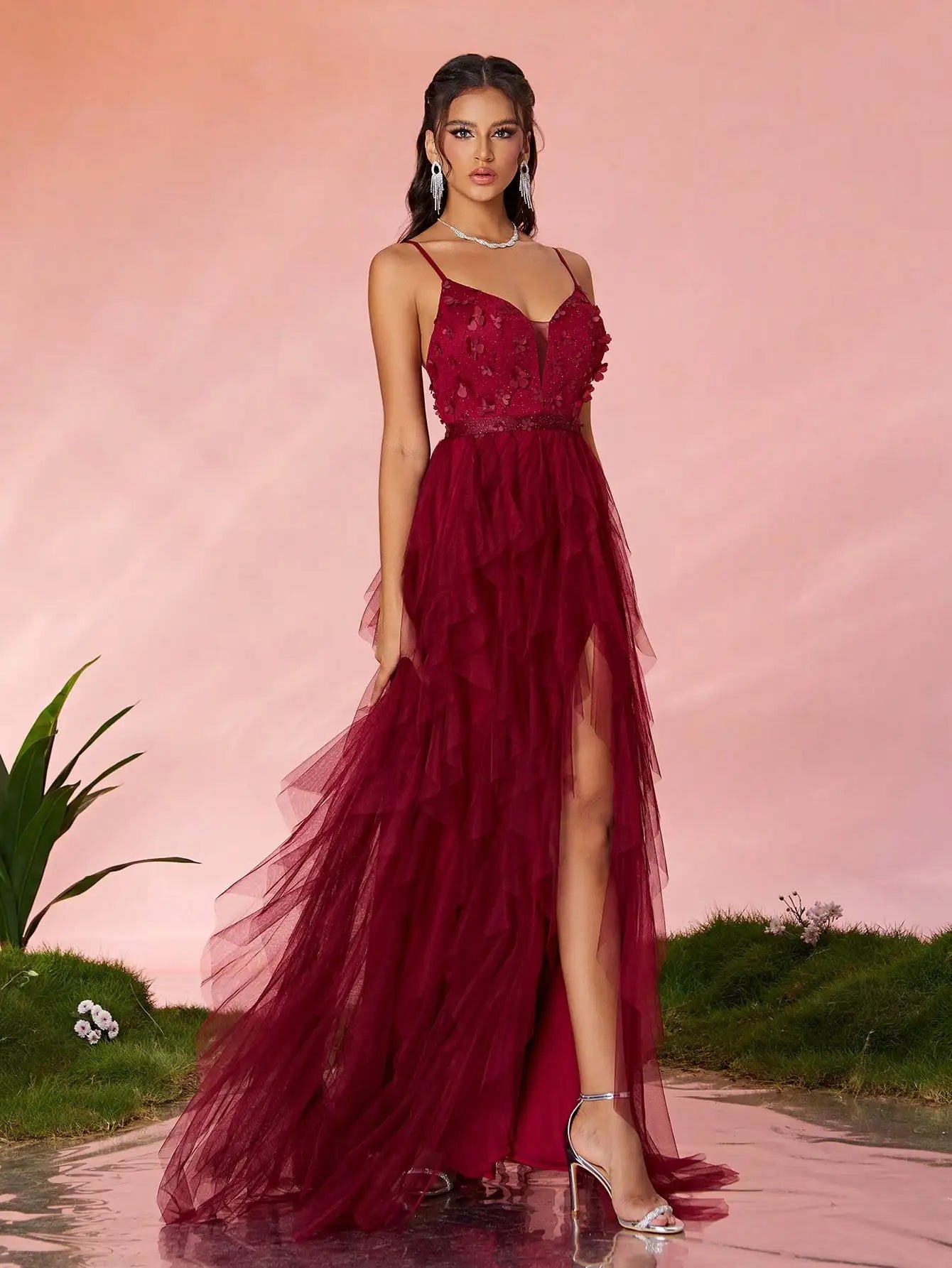 V-Neck Embroidered High Slit Maxi Dress