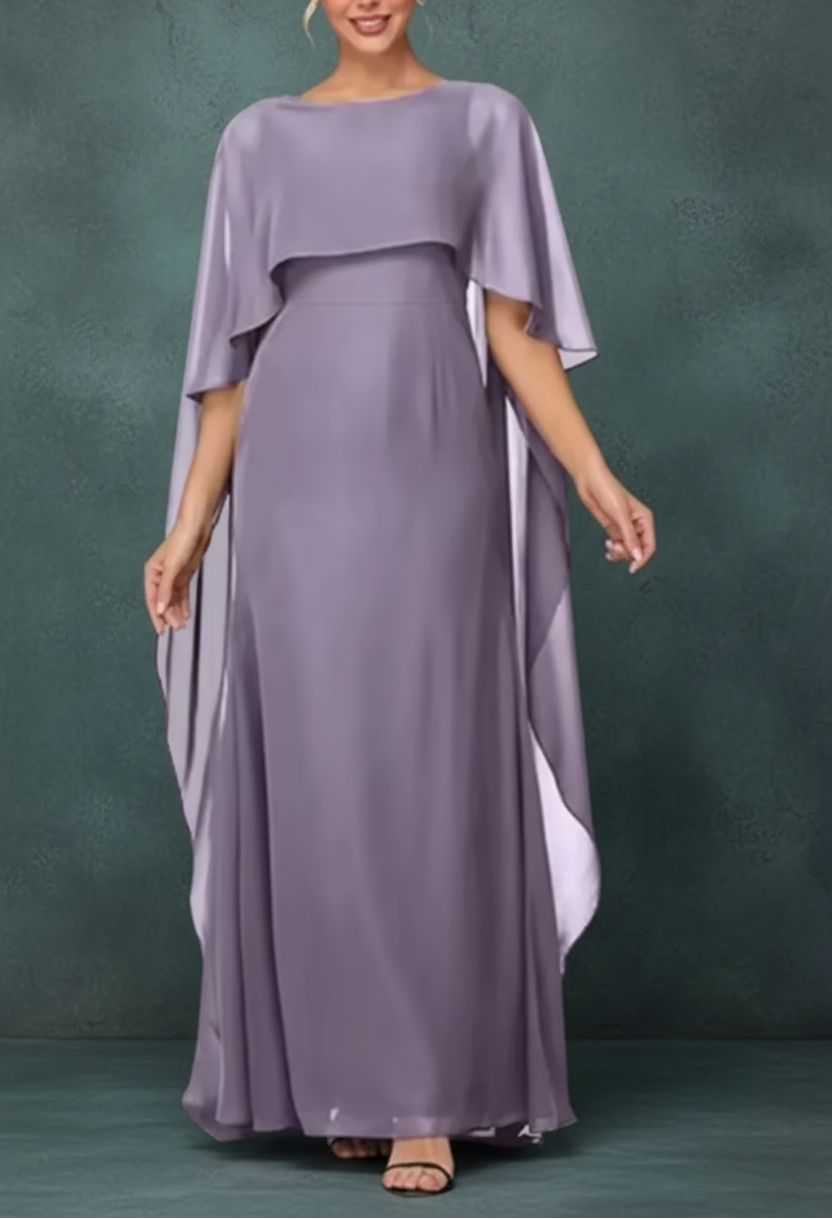 Women's Formal Dress Short Sleeves Scoop Neck Evening Dress Floor Length Chiffon Mother Of The Bride Dresses With Cap