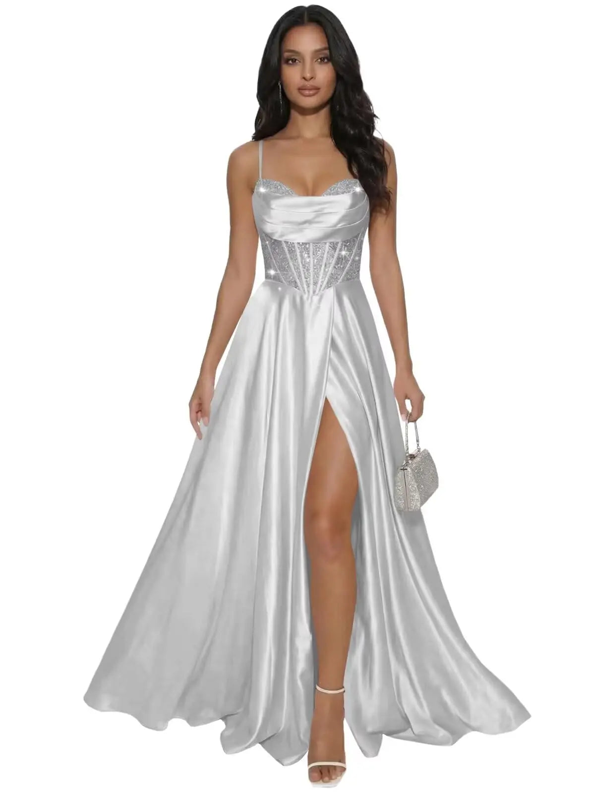 Pleated Satin A Line Prom Dresses for Women Spaghetti Straps Sequin Corset Formal Dress with Slit Formal Dress Women Elegant