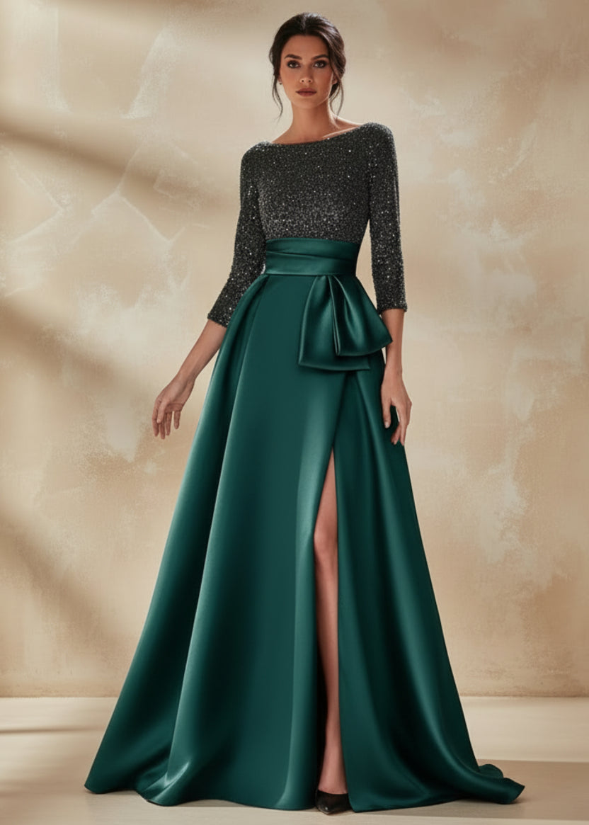 Long Sleeves Mother Of The Bride Dresses For Wedding Sparkly Sequin Ball Gowns Side Slit Satin Formal Party Prom Gown