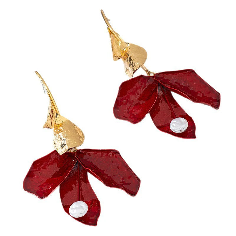 Vintage Red Drip Oil Flower Long Tassel Pendant Earrings