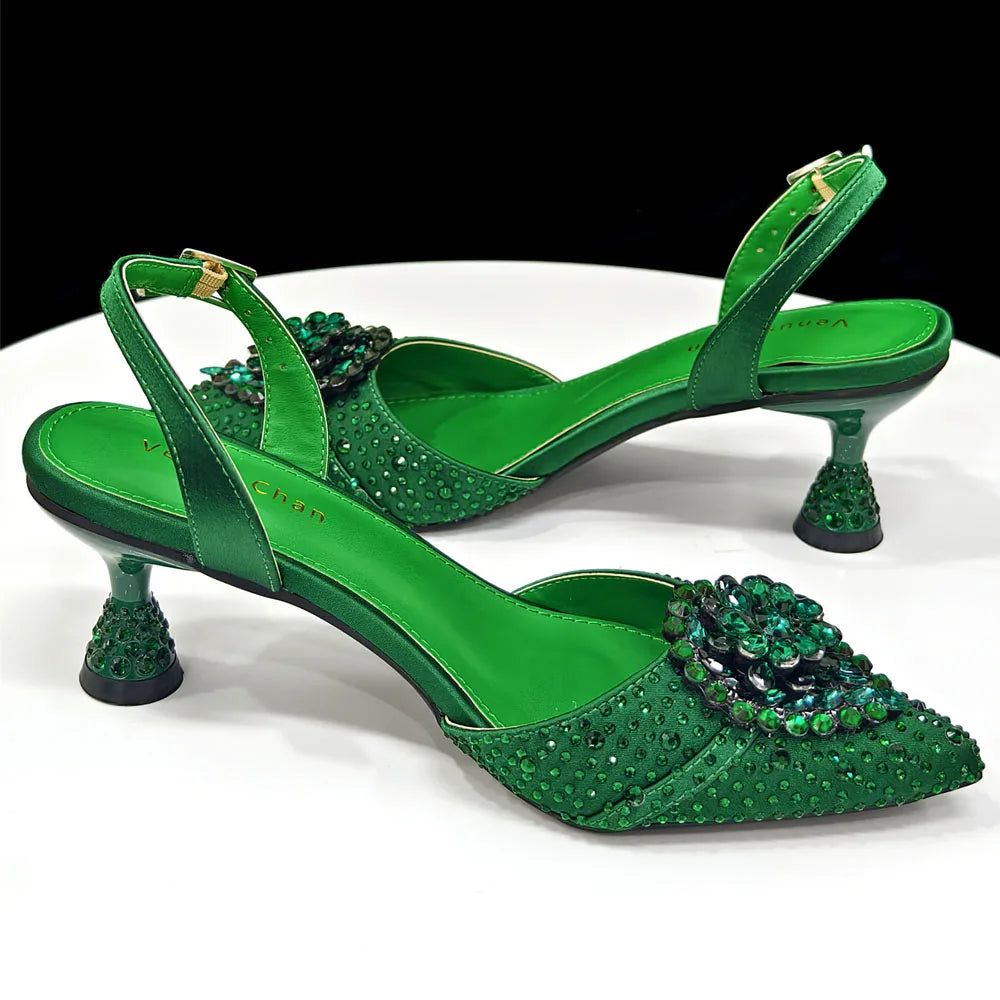 Venus Chan Blue Color Rhinestone Comfortable high heel shoe And Bag Fashion Style Pointed-Toe Shoes For Women Or Commuting Shoes
