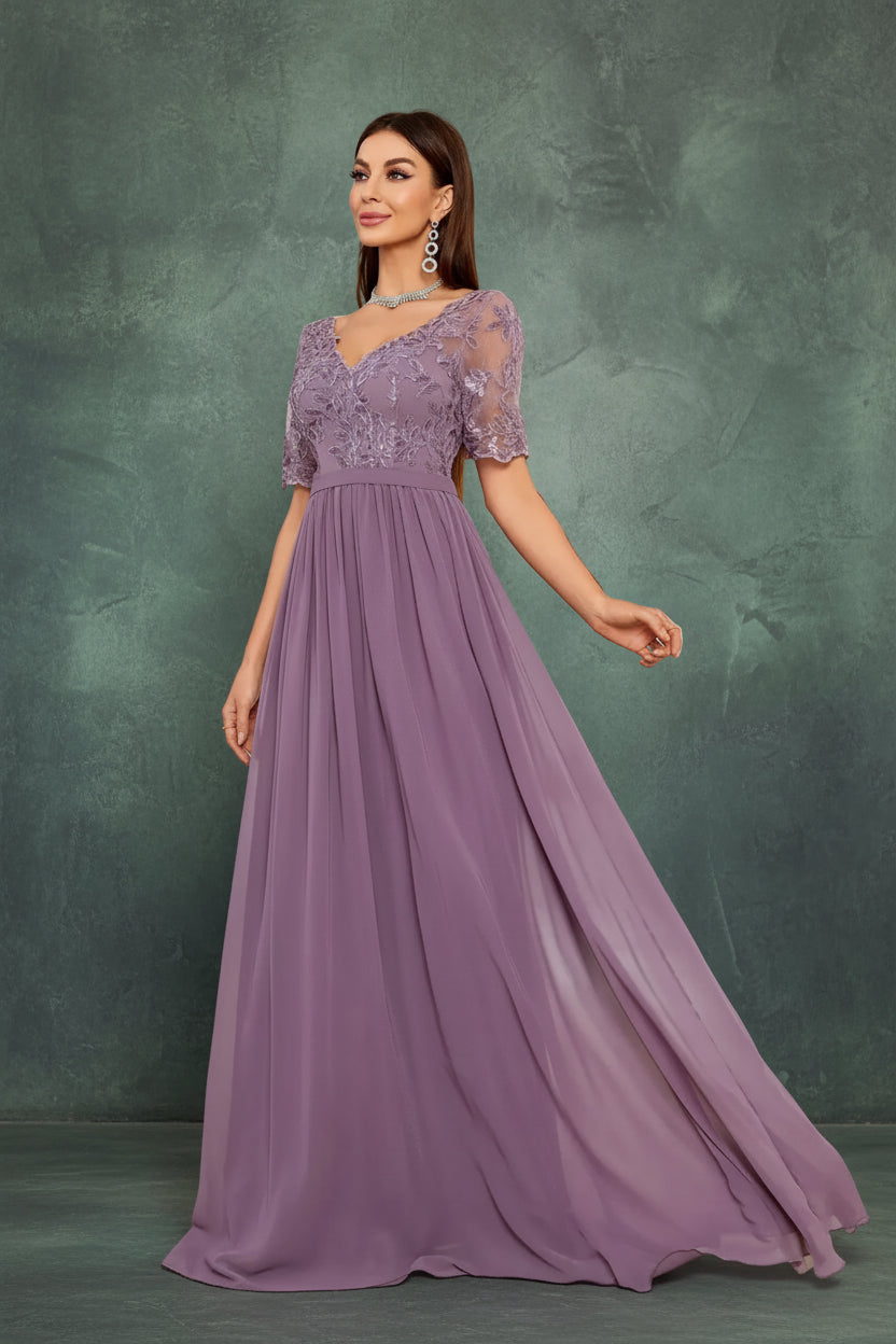 V-Neck Lace Chiffon Evening Dress