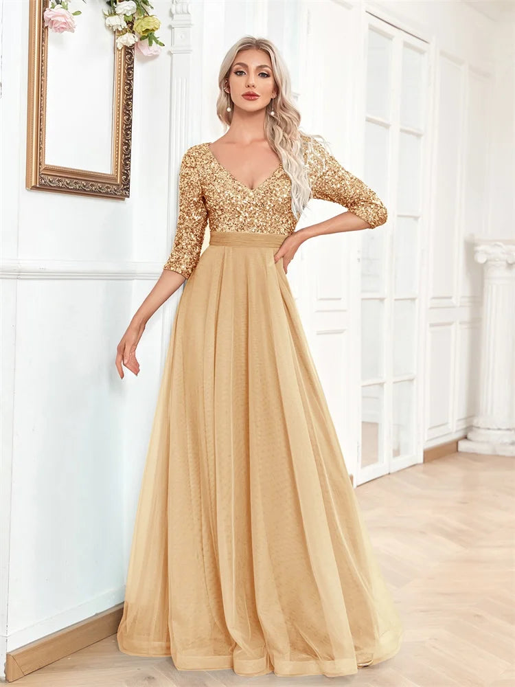 Gold Tulle V-Neck Evening Gown