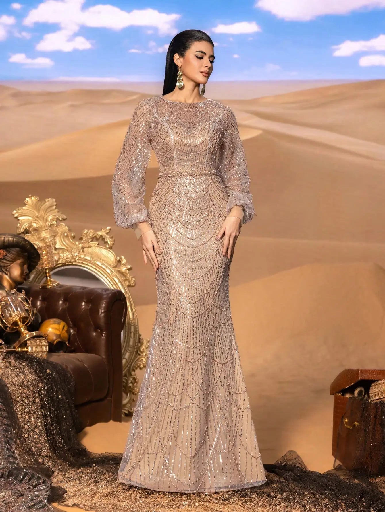 Elegant and luxurious sequined mermaid long-sleeved evening dresses, adorned with sparkling crystal beads.