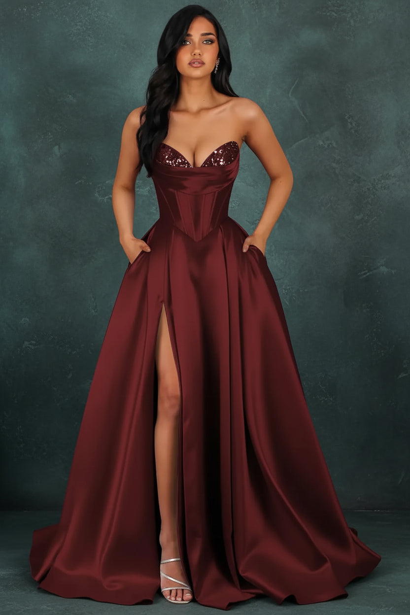 Strapless Sequin Prom Dresses Long with Slit Satin Formal Party Dress