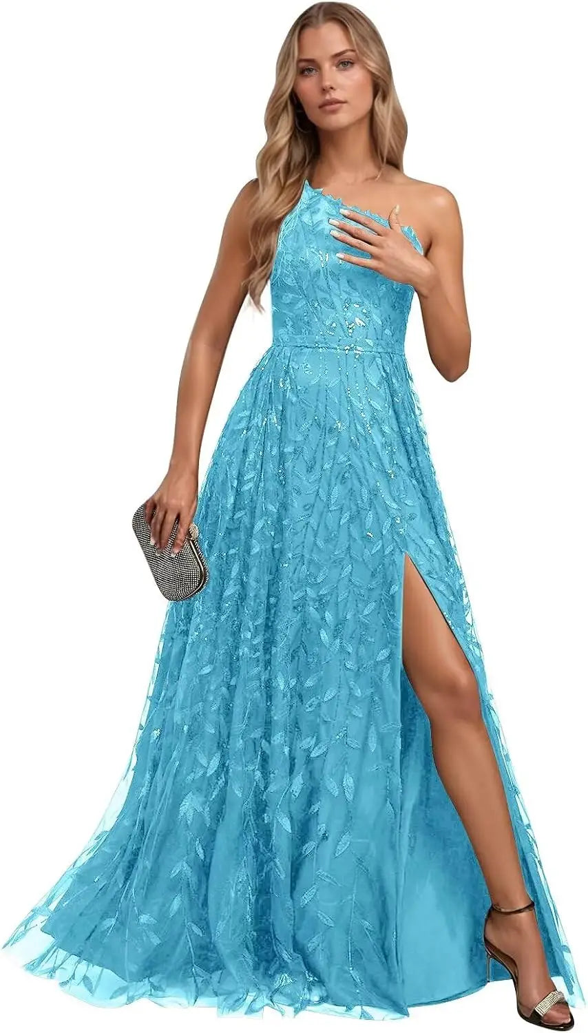 One Shoulder Lace Prom Dress with Slit