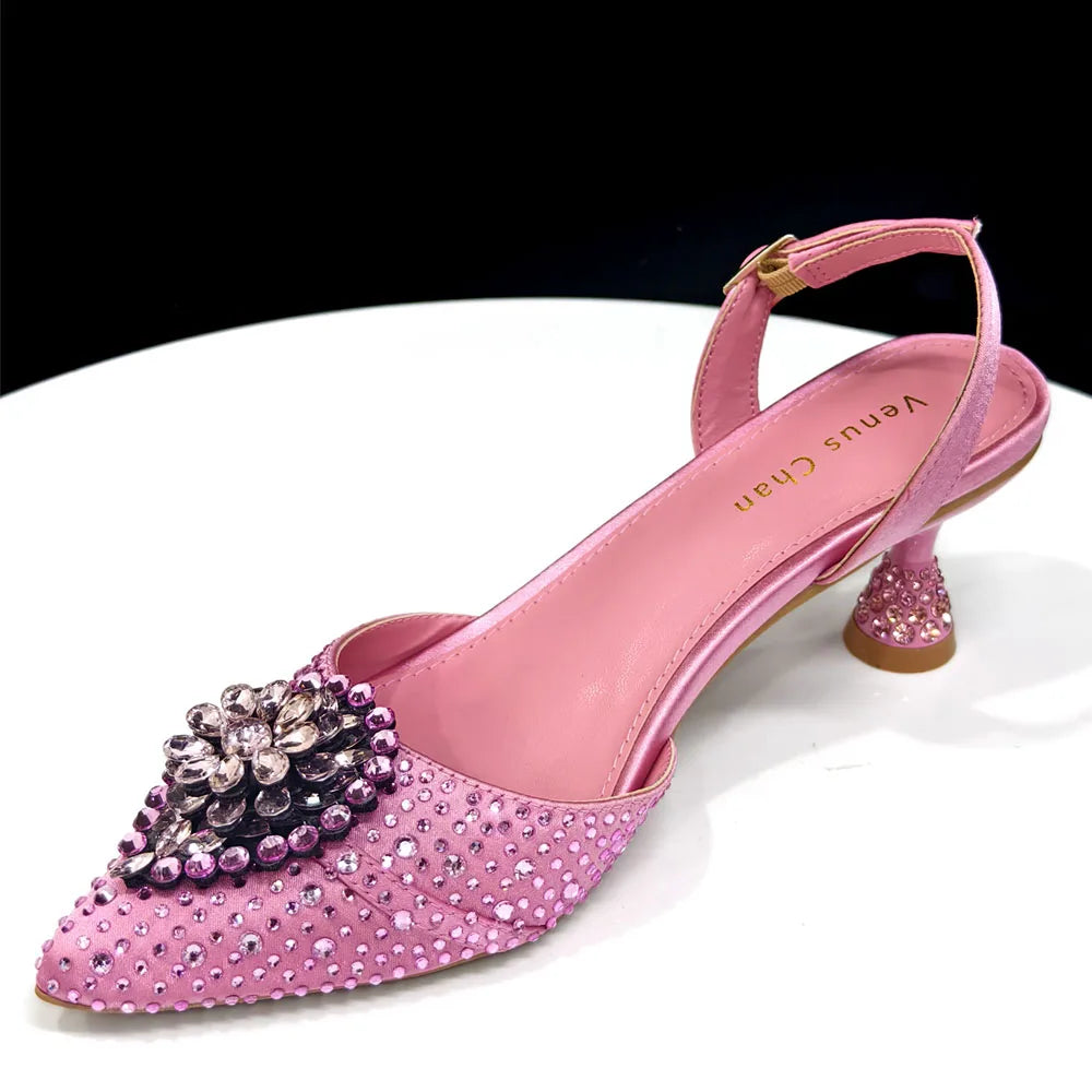 Venus Chan Blue Color Rhinestone Comfortable high heel shoe And Bag Fashion Style Pointed-Toe Shoes For Women Or Commuting Shoes