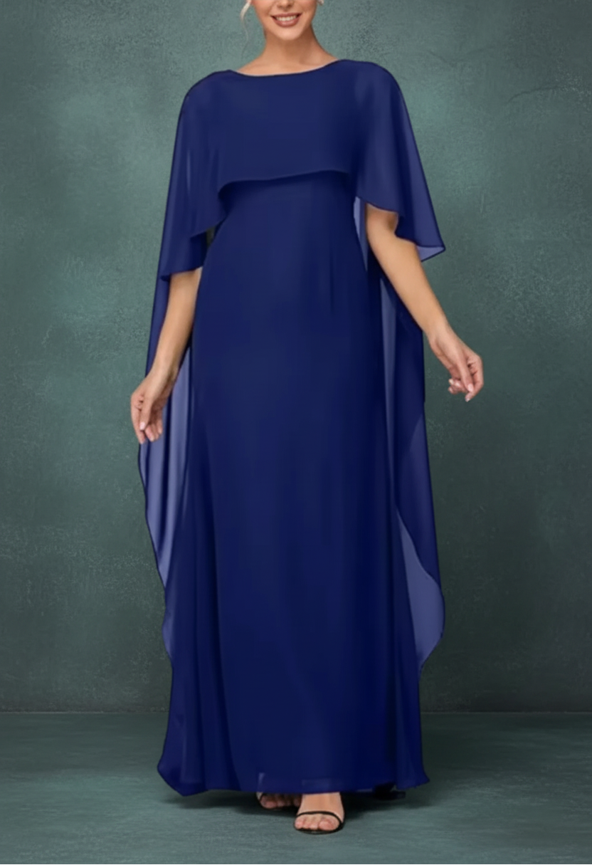 Women's Formal Dress Short Sleeves Scoop Neck Evening Dress Floor Length Chiffon Mother Of The Bride Dresses With Cap