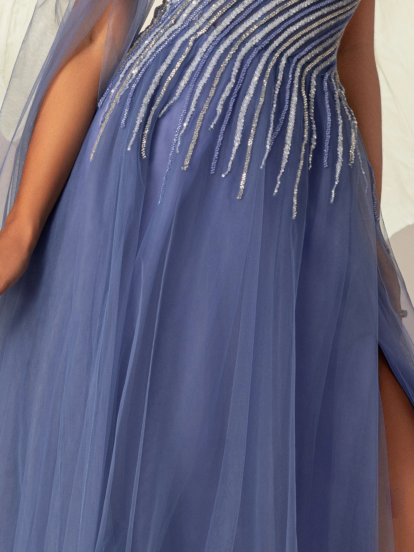 Off Shoulder Beaded Tulle Evening Gown